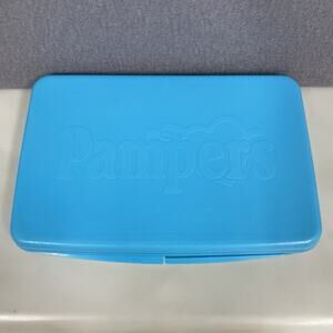 PAMPERS Vtg Hard Plastic Baby Wipes Small Travel Case Container Blue EMPTY 1998